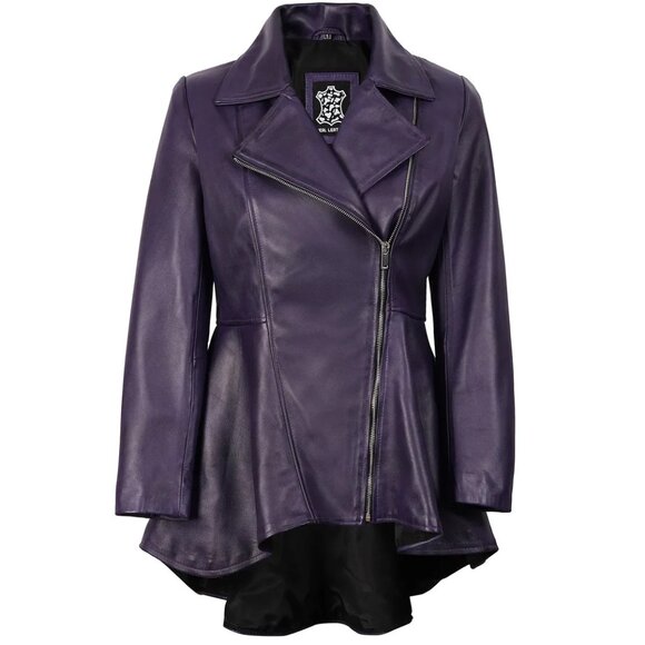 Real 100% Genuine Leather Peplum Long Sleeves Asymmetric Jacket M Purple $300 - Picture 2 of 16
